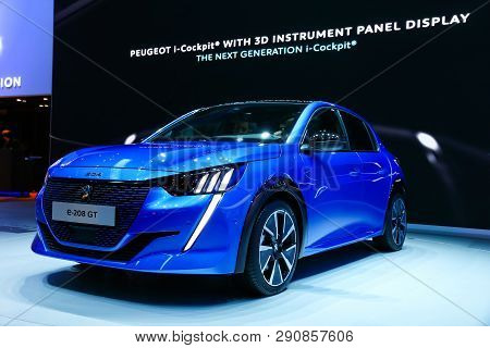 Geneva, Switzerland - March 10, 2019:  All-electric Motor Car Peugeot E-208 Gt Presented At The Annu