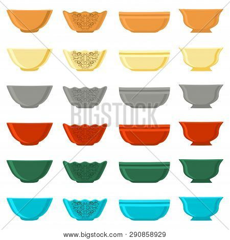 Illustration On Theme Big Colored Set Different Types Bowl, Empty Plates Various Size. Bowl Pattern 