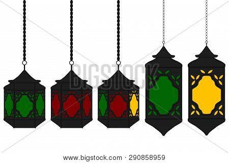 Illustration On Theme Big Set Different Types Lanterns, Lamp To Celebration Holiday Ramadan. Lantern