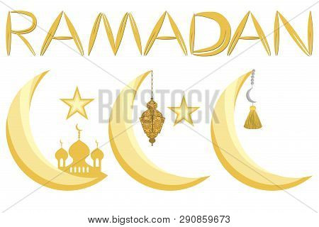 Illustration On Theme Big Set Different Types Moon, Star To Celebration Holiday Ramadan. Moon Patter