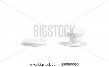 Blank White Phone Pop Socket Mock Up, Isolated, Front View, 3d Rendering. Empty Folded And Unfolded 