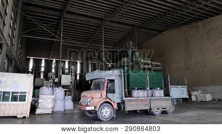 Sekinchan, Malaysia- Mar 15, 2019: Truck Parks In The Rice Factory In Sekinchan, Malaysia