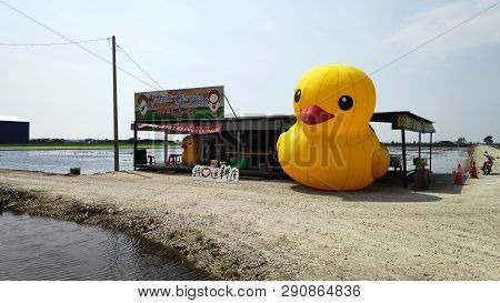 Sekinchan, Malaysia- Mar 15, 2019: Yellow Duck Placed Outside The Local Stall In Sekinchan, Malaysia