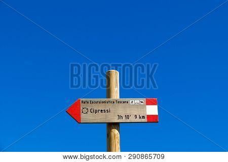 Siena, Italy - June 19, 2018. A Road Sign In The Crete Senesi (senese Clays) Reading: 