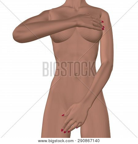 Nude Girl Covers Her Chest And Groin. 3d. Polygonal Girl Isolated On White Background. Front View. V
