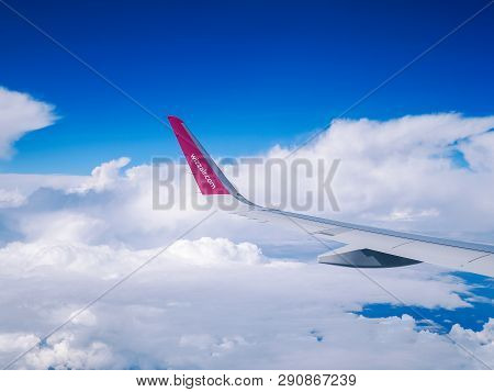 Flight Dortmund-kyiv.july 2018 . View From Airplane Window: Wing Of 