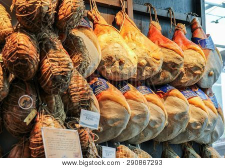 Parma, Italy - April 15, 2017: Parma Hams Sold In Shops. Parma Ham (prosciutto) Is The Most Popular 