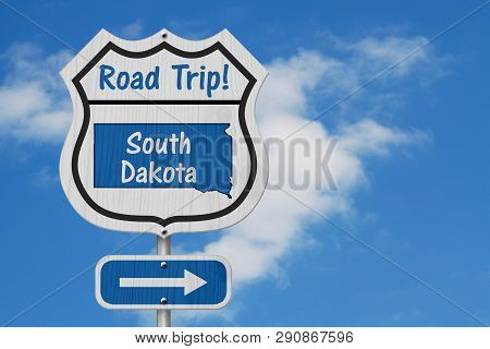 South Dakota Road Trip Highway Sign, South Dakota Map And Text Road Trip On A Highway Sign With Sky 