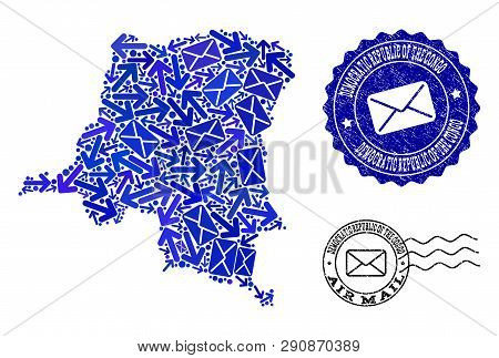 Post Combination Of Blue Mosaic Map Of Democratic Republic Of The Congo And Scratched Seals. Vector 