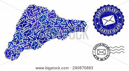 Mail Collage Of Blue Mosaic Map Of Easter Island And Corroded Seals. Vector Seals With Corroded Rubb