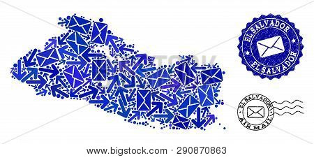 Post Combination Of Blue Mosaic Map Of El Salvador And Scratched Seals. Vector Seals With Corroded R