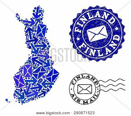 Post Composition Of Blue Mosaic Map Of Finland And Grunge Seals. Vector Seals With Grunge Rubber Tex