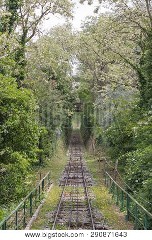 The View Of Railroad Through Green Trees Between Montecatini Terme And Montecatini Alto, Tuscany, It