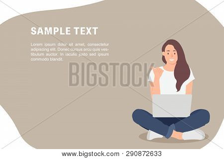 Cartoon People Character Design Banner Template Woman Working On Laptop While Sitting On The Floor W