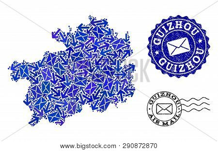 Post Composition Of Blue Mosaic Map Of Guizhou Province And Scratched Seals. Vector Seals With Scrat
