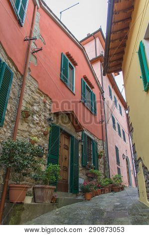 Italy, Montecatini Alto - April 25 2017: The View Of Colorful Houses Of Montecatini Alto On April 25