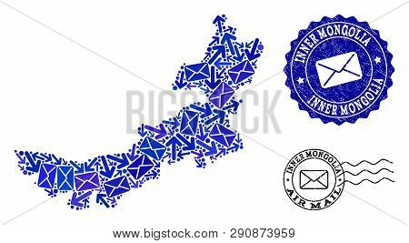 Post Combination Of Blue Mosaic Map Of Inner Mongolia And Scratched Stamp Seals. Vector Watermarks W