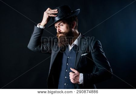 Brutal Caucasian Hipster With Moustache. Bearded Man Gentleman. Secret Shy. Male Formal Fashion. Bus