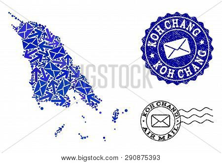 Mail Composition Of Blue Mosaic Map Of Koh Chang And Corroded Seals. Vector Seals With Scratched Rub