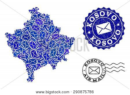 Post Composition Of Blue Mosaic Map Of Kosovo And Scratched Stamp Seals. Vector Watermarks With Scra