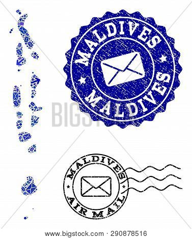 Mail Collage Of Blue Mosaic Map Of Maldives And Corroded Stamp Seals. Vector Seals With Scratched Ru