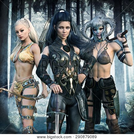 Portrait Of A Group Of Fantasy Females Embarking On An Epic Adventure. 3d Rendering