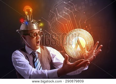 Distraught Looking Conspiracy Believer In Suit With Aluminum Foil Head With Dentacoin Cryotocurrency