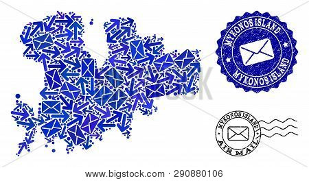 Mail Collage Of Blue Mosaic Map Of Mykonos Island And Grunge Seals. Vector Seals With Grunge Rubber 