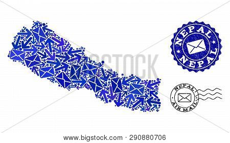 Post Combination Of Blue Mosaic Map Of Nepal And Rubber Seals. Vector Seals With Scratched Rubber Te