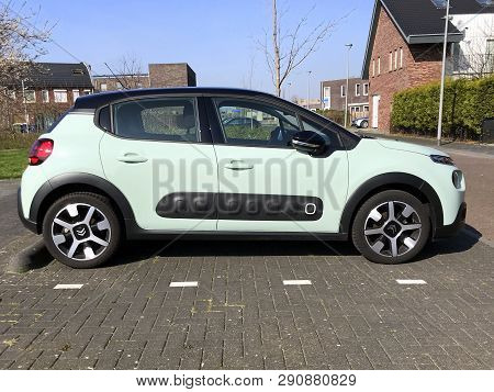 Almere, The Netherlands - March 22, 2018: Mint Green Citroën C3 Parked On A Public Parking Lot. Nobo