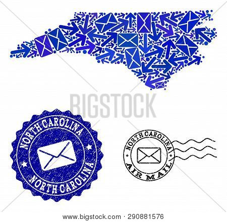 Post Composition Of Blue Mosaic Map Of North Carolina State And Scratched Stamp Seals. Vector Seals 