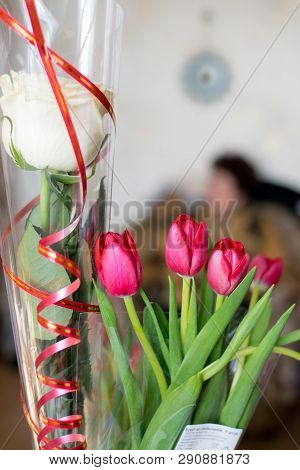 Bouquet Of White Rose And Red Tulip On Celebration Closeup Natural