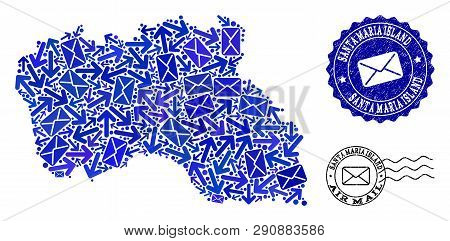 Post Collage Of Blue Mosaic Map Of Santa Maria Island And Scratched Seals. Vector Seals With Scratch