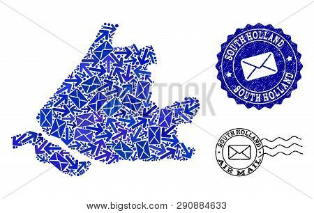 Post Composition Of Blue Mosaic Map Of South Holland And Scratched Seals. Vector Seals With Scratche