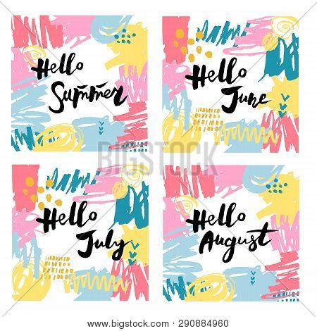 Handwritten Lettering Hello Summer Set. Frame With Hand Drawn Stains. Place For Your Text. Vector Il