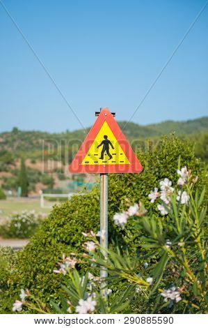 Yellow-red Pedestrian Crossing Sign. Road Sign 151 In Finland - Pedestrian Crossing