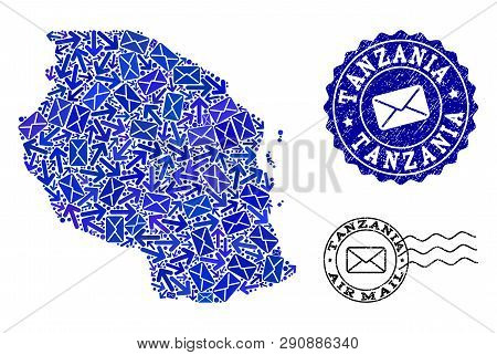 Post Composition Of Blue Mosaic Map Of Tanzania And Unclean Seals. Vector Watermarks With Scratched 