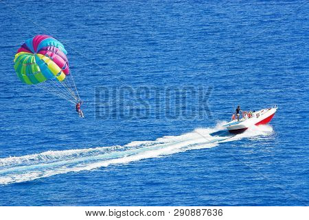 Fly A Parachute Over The Sea, Paraglider Flying Over The Sea