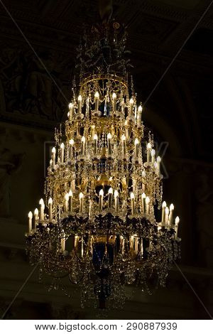 Chandelier In Church Night Dark Interior Golden Vintage
