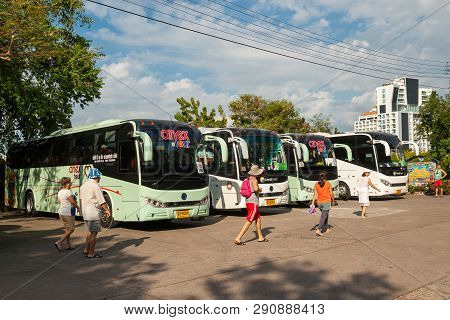 Pattaya, Thailand - December 01, 2018: Parking Of Tourist Buses.