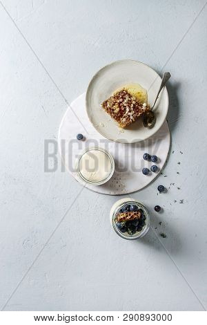 Homemade Classic Dessert Panna Cotta With Blueberry Berries In Jars, Decorated By Mint, Thym, Honey 