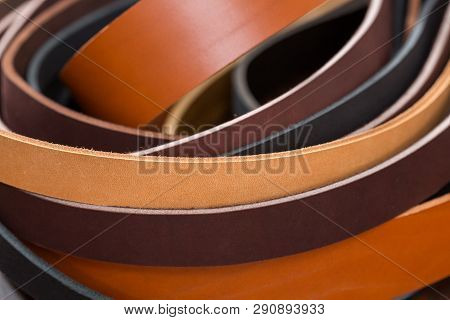 Many Colored Leather Pieces For Sewing Belts.