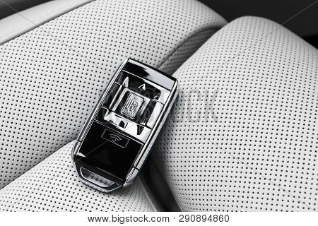 Monte-carlo, Monaco, February 24, 2019: The New Rolls Royce Cullinan Wireless Keys In White Perforat
