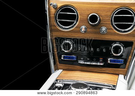 Ac Ventilation Deck In Luxury Modern Car Interior. Modern Car White Leather Interior. With Stitching