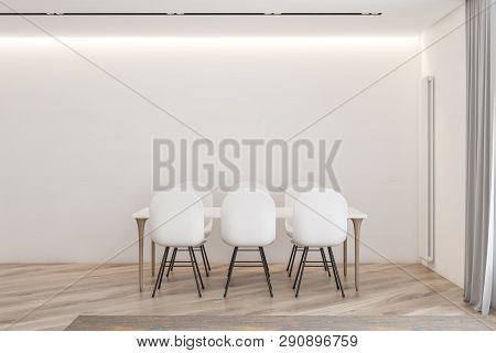 White Restaurant Interior With Wooden Tables, Chairs. 3D Render
