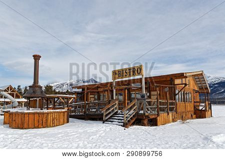 Carcross, Yukon, Canada, March 9, 2019 : Wood Restaurant In Carcross. Carcross Is An Unincorporated 