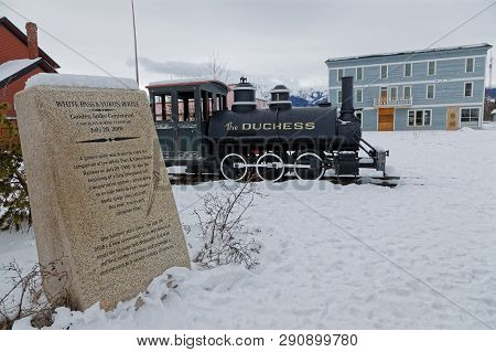 Carcross, Yukon, Canada, March 9, 2019 : Memory Of Completion Of The Yukon Railway. Carcross Is An U