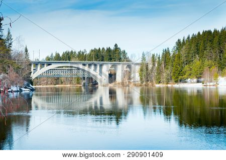 Spring Landscape Of Bridge And Kymijoki River Waters In Finland, Kymenlaakso, Kouvola, Koria