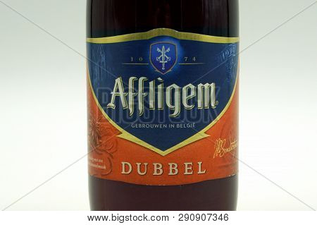 Amsterdam, The Netherlands - March 22, 2018: Label Of Belgian Affligem Dubbel Beer Against A White B