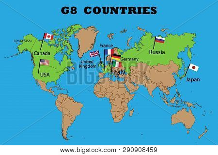 Flags Of G8 Countries And Map Of G8 Countries,set Of Flags Countries Members Of The G8 Group, Flat V